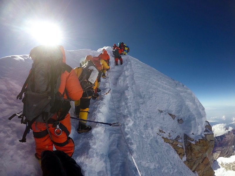 Final steps on the steep ridge to the true summit of Manaslu 8163m, training finally paying off!