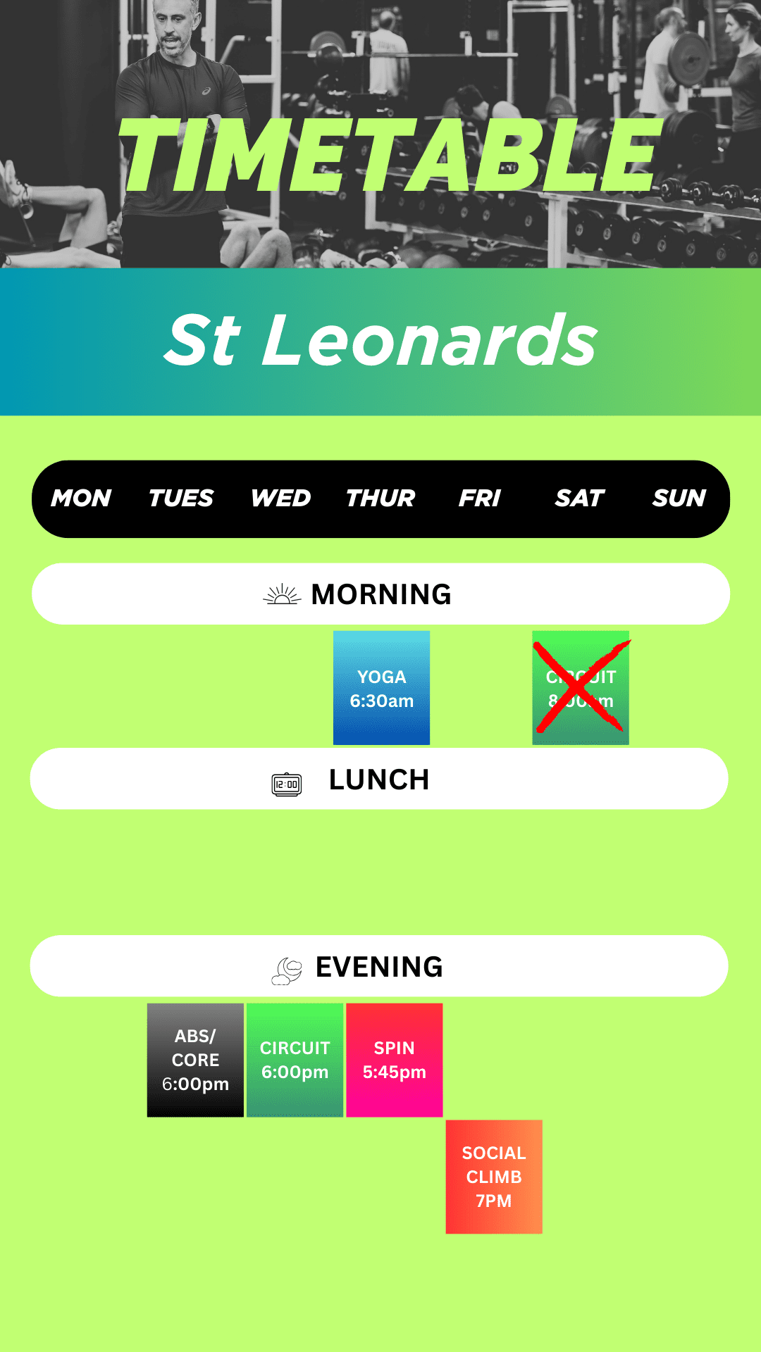 CLIMB FIT GYM TIMETABLE ST LEONARDS NO SATURDAY CLASS