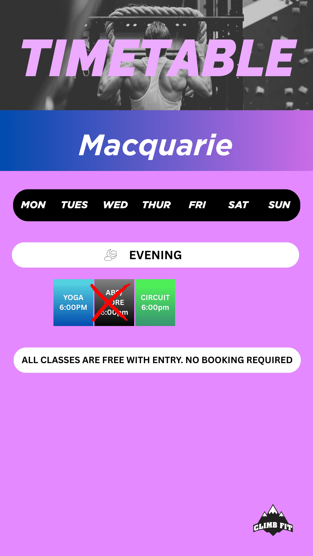 CLIMB FIT MACQUARIE GYM TIMETABLE NO ABS CLASS