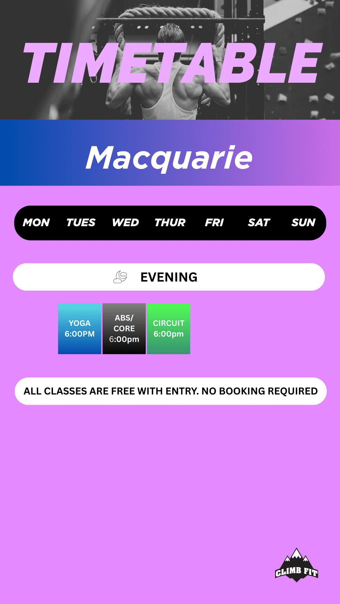 gym timetable climb fit macquarie 2026