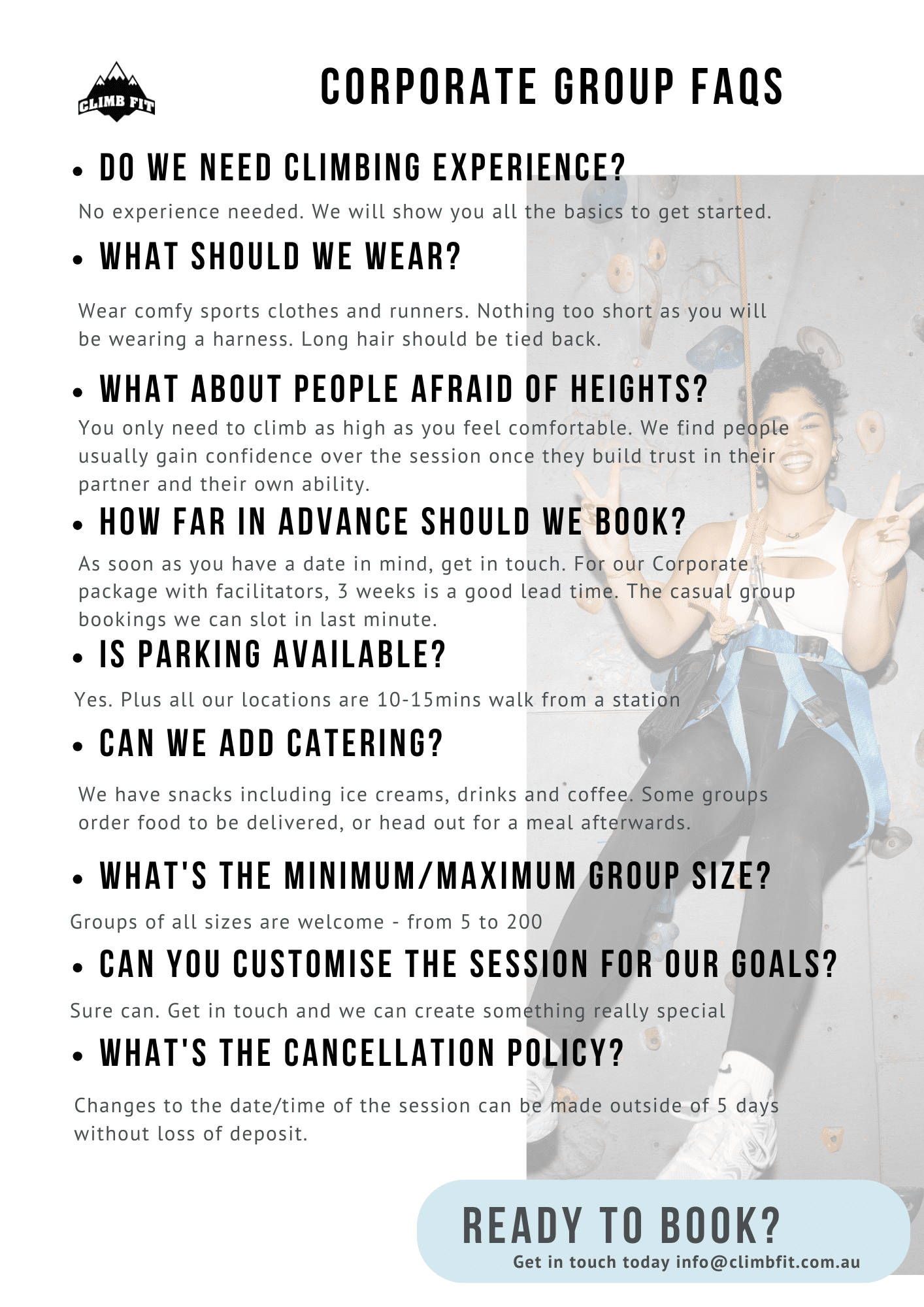 FAQs page for corporate team building at climb fit