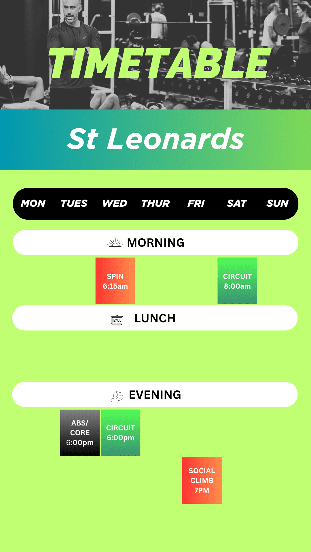 July 2026 gym timetable st leonards