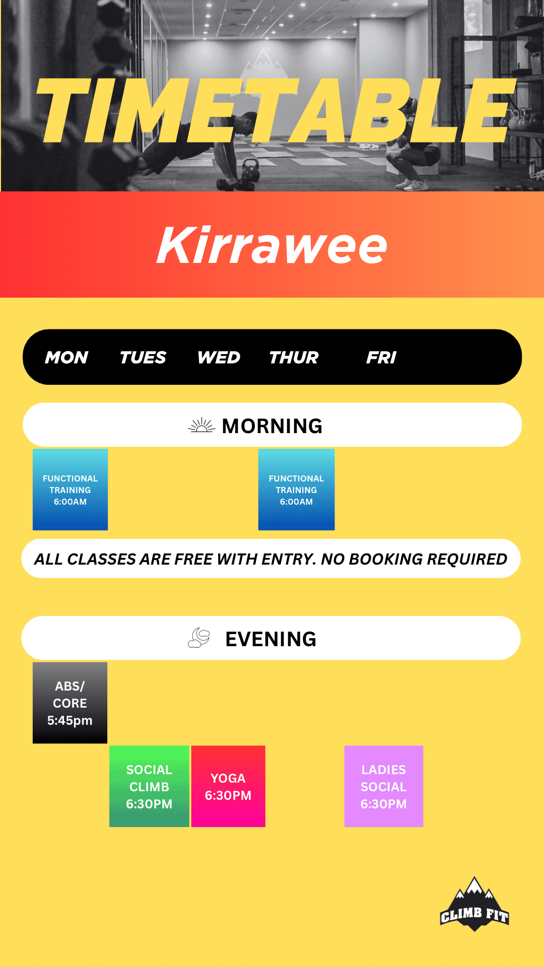 climb fit kirrawee weekly gym timetable 2026